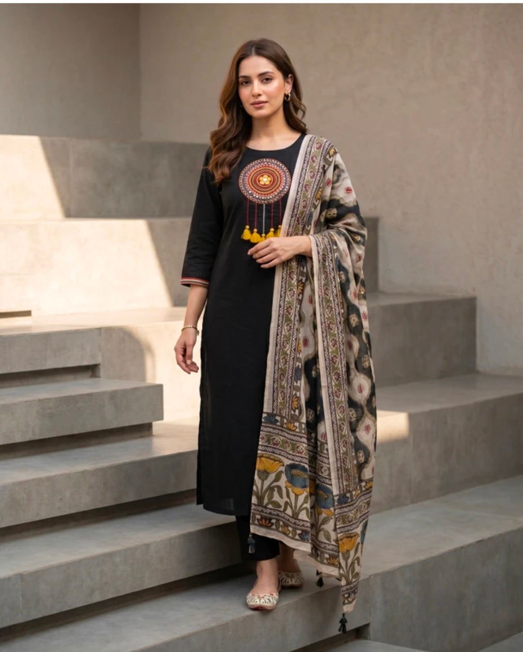 Women's Pure Cotton Straight Kurta Pant Dupatta Set | Ajrakh Embroidered Style