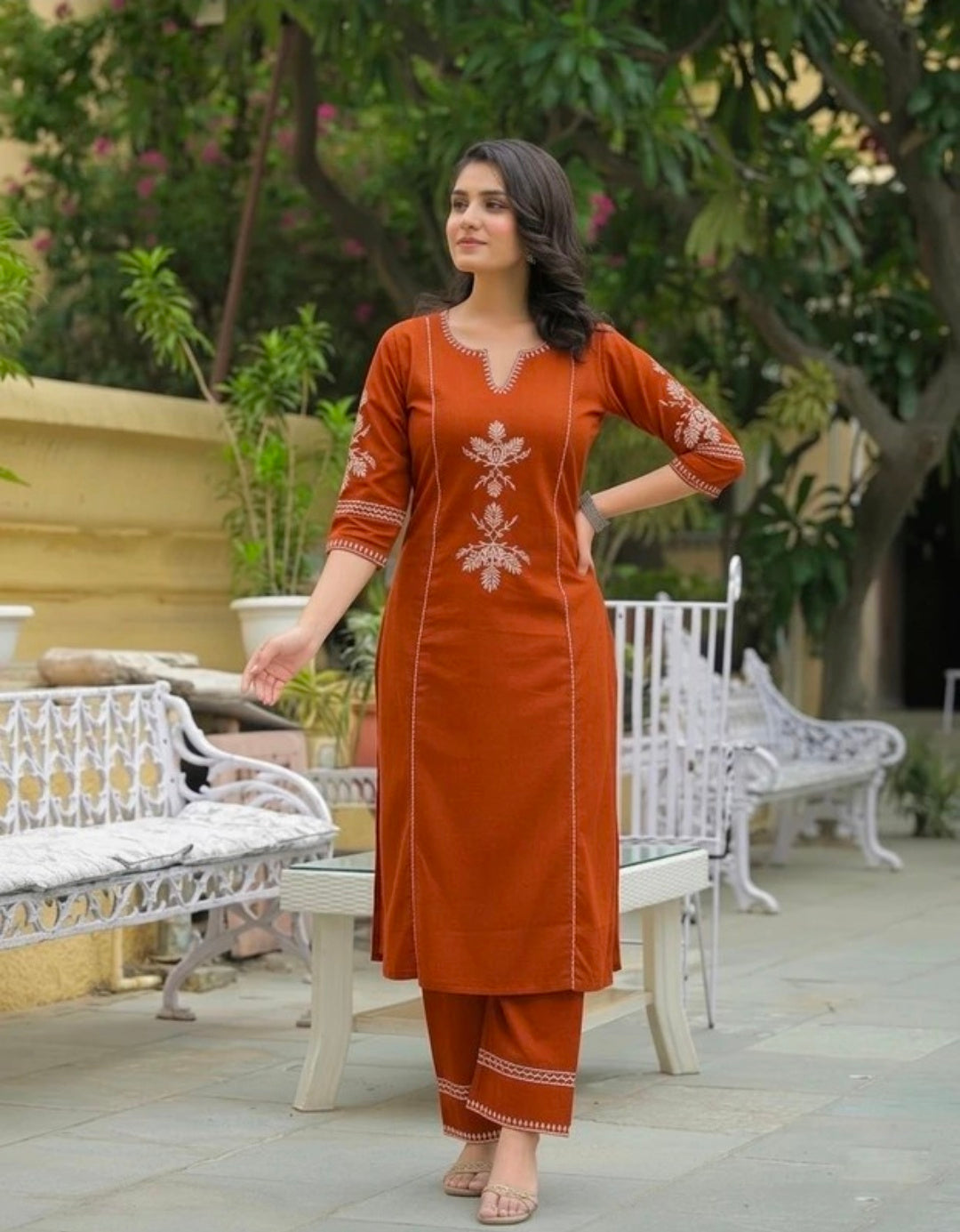 Women's White Khadi Cotton A-Line Kurti Palazzo set