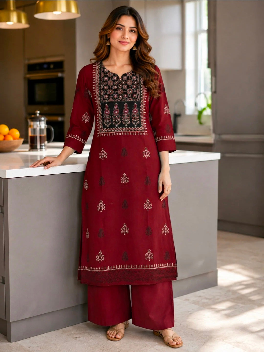 Berrylicious Women Cotton Ethnic Motif Printed Mirror Embroidered Straight Kurta with Palazzo Pants
