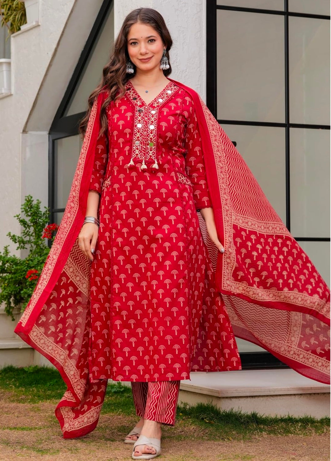 Amayra Woman's Pure Cotton Embroidered Straight Kurta Sets with Pant & Dupatta|Kurti Set for Woman|Suit Set for Women Cotton