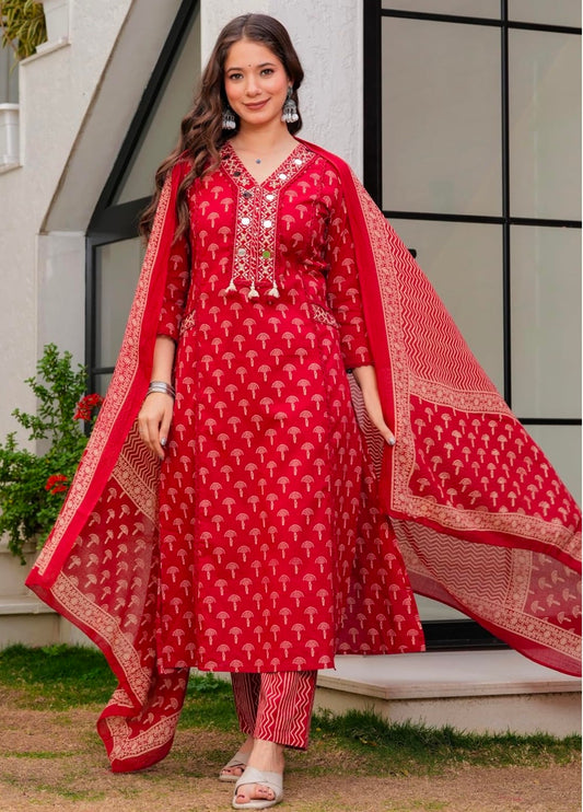Amayra Woman's Pure Cotton Embroidered Straight Kurta Sets with Pant & Dupatta|Kurti Set for Woman|Suit Set for Women Cotton