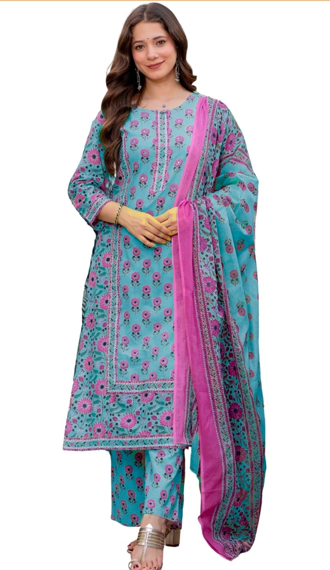 Amayra Women's Pure Cotton Straight Kurta Set with Palazzo Pants & Dupatta|Kurta Set for Women