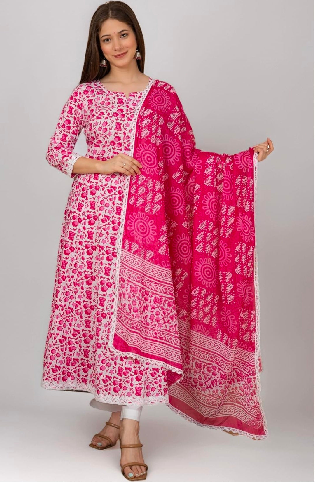 Pure Cotton Printed Anarkali Kurta with Palazzo & Dupatta Set