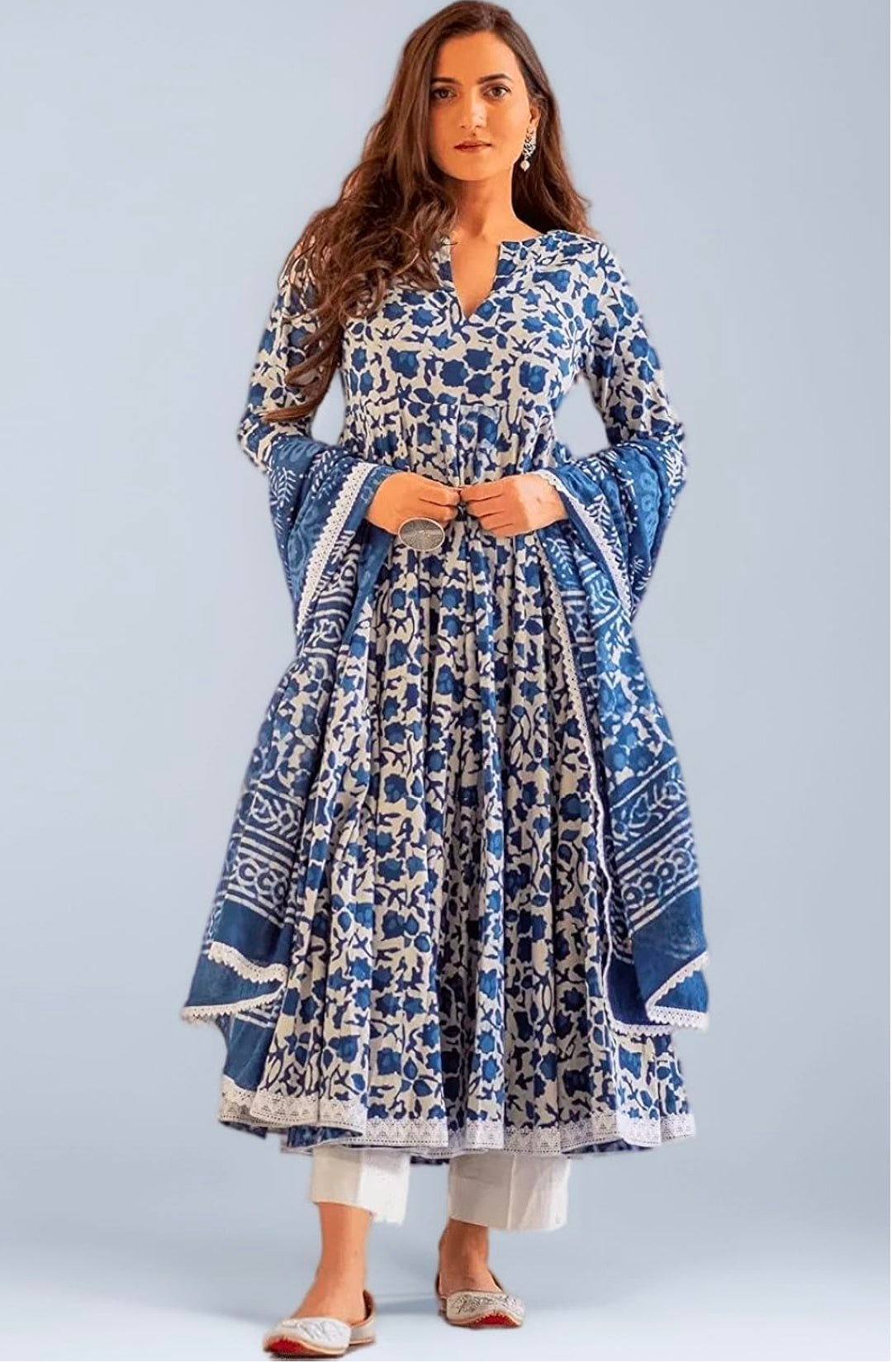 Pure Cotton Printed Anarkali Kurta with Palazzo & Dupatta Set