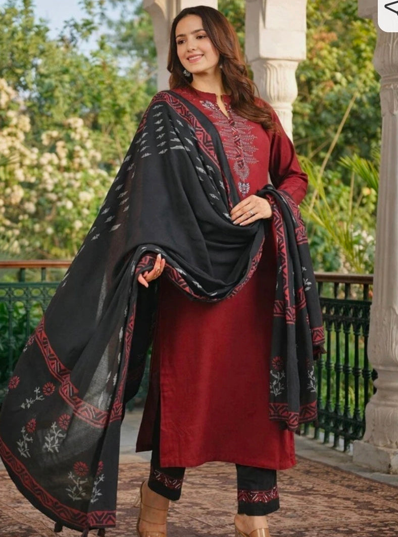 Jaipuri Bunaai Maroon Black Embroidered Viscose Rayon Kurta Palazzo Dupatta Set