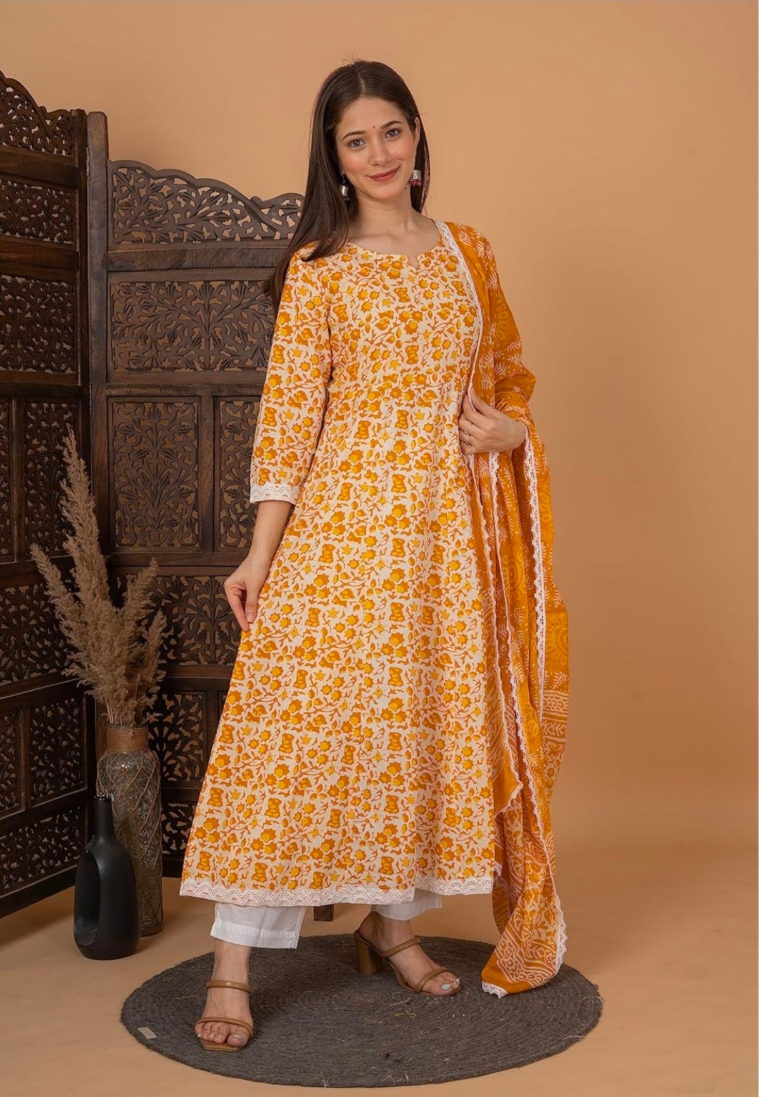 Pure Cotton Printed Anarkali Kurta with Palazzo & Dupatta Set