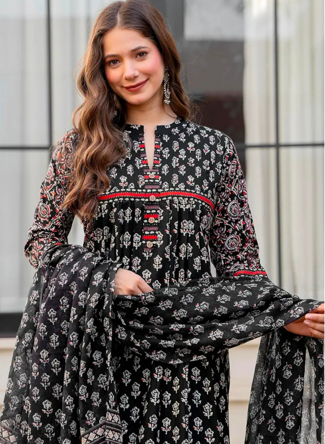 Amayra Women's Pure Cotton Printed A-Line Kurta Set with Palazzo Pants & Dupatta- Ethnic Wear