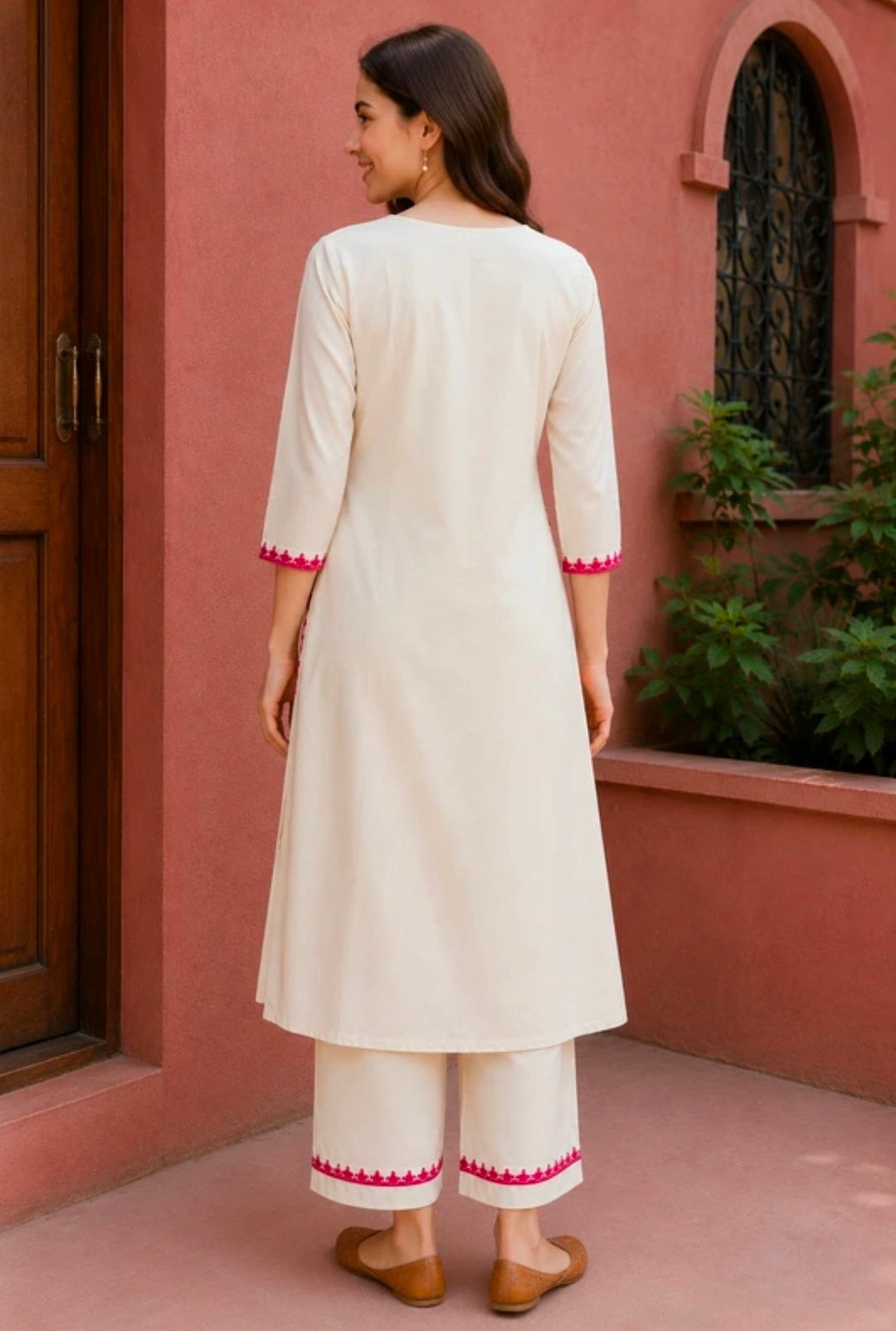 Women's Pure Cotton A-Line Kurta Palazzo Pant Set | Embroidered Ethnic Motifs Style