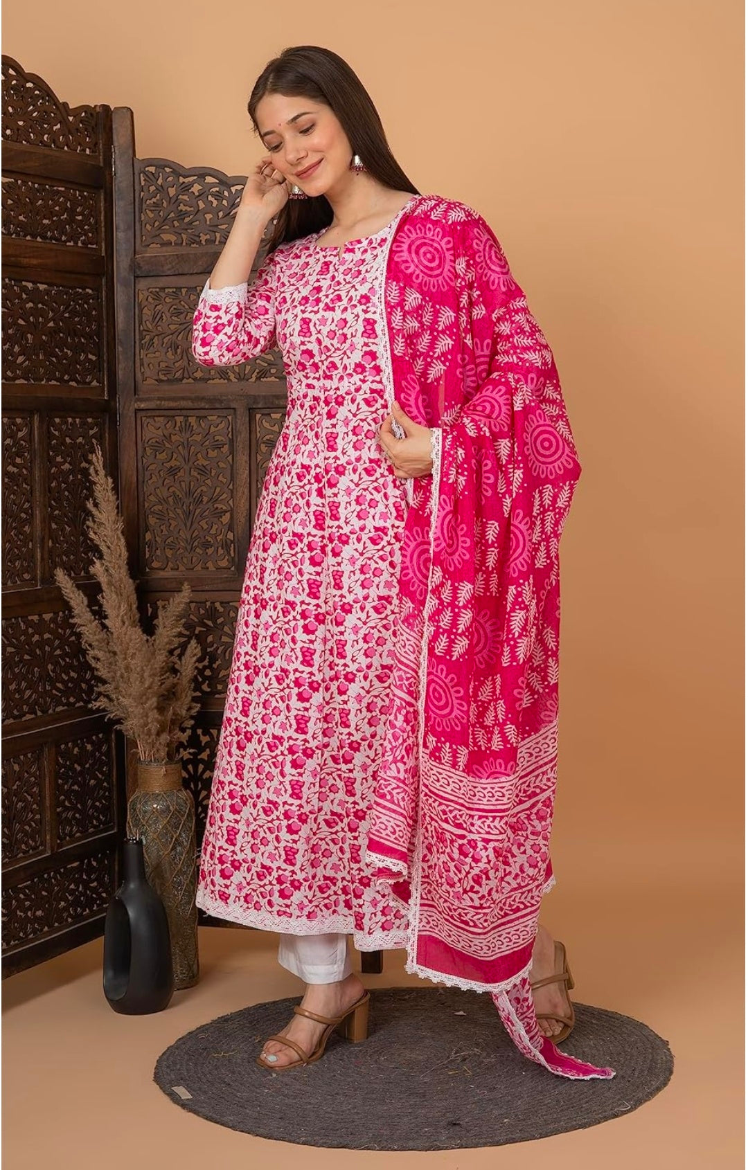 Pure Cotton Printed Anarkali Kurta with Palazzo & Dupatta Set