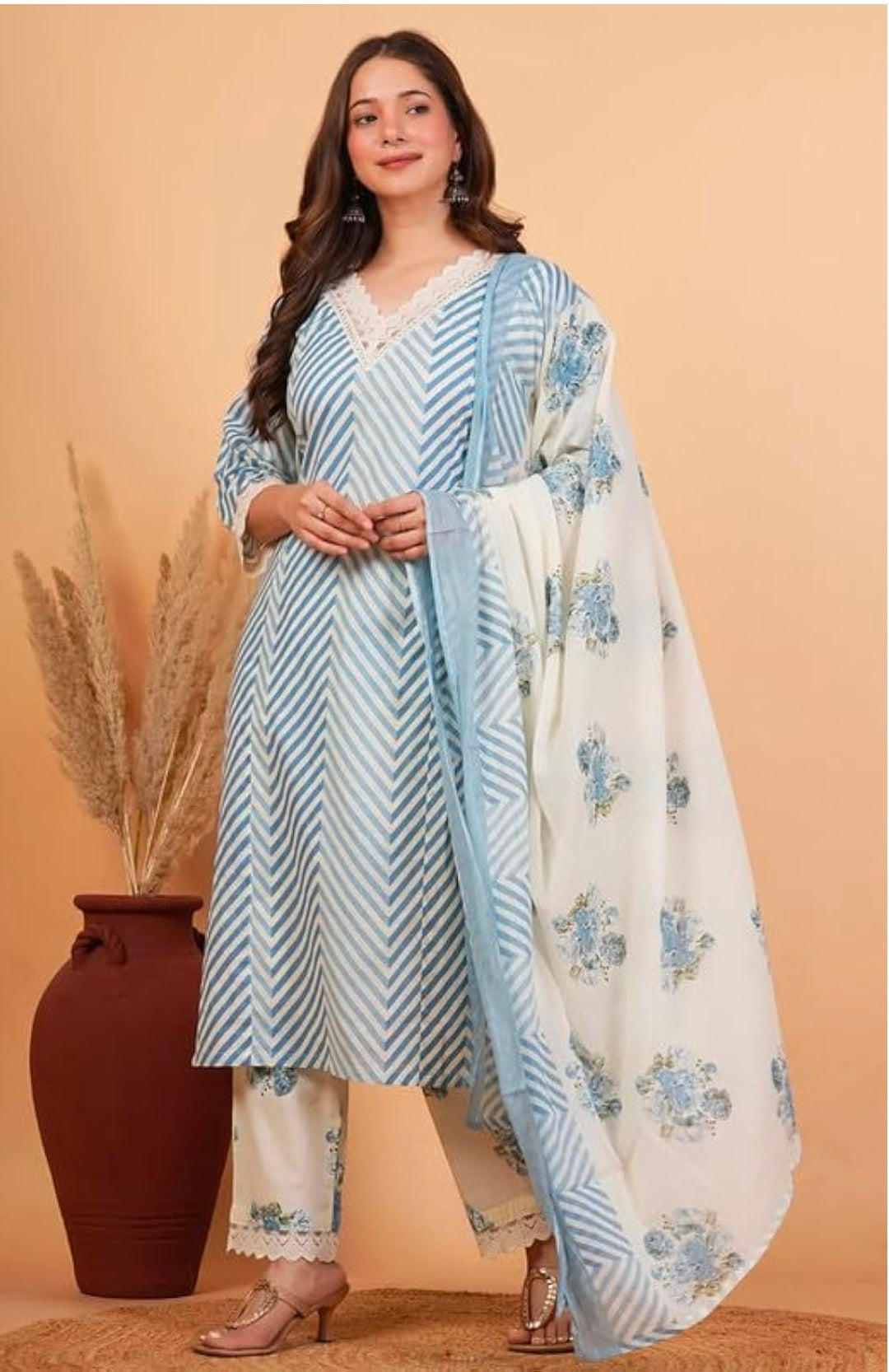 Rytras Women Pure Cotton Printed Straight Kurta Set with Palazzo pants & dupatta|Ethnic wear|Kurti Suit Set for Women