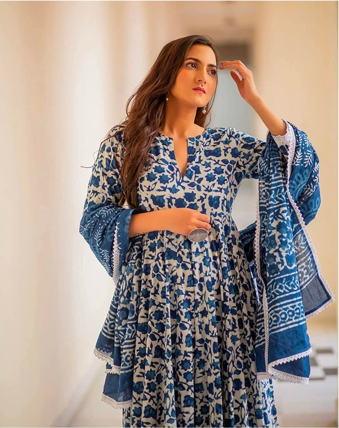 Pure Cotton Printed Anarkali Kurta with Palazzo & Dupatta Set