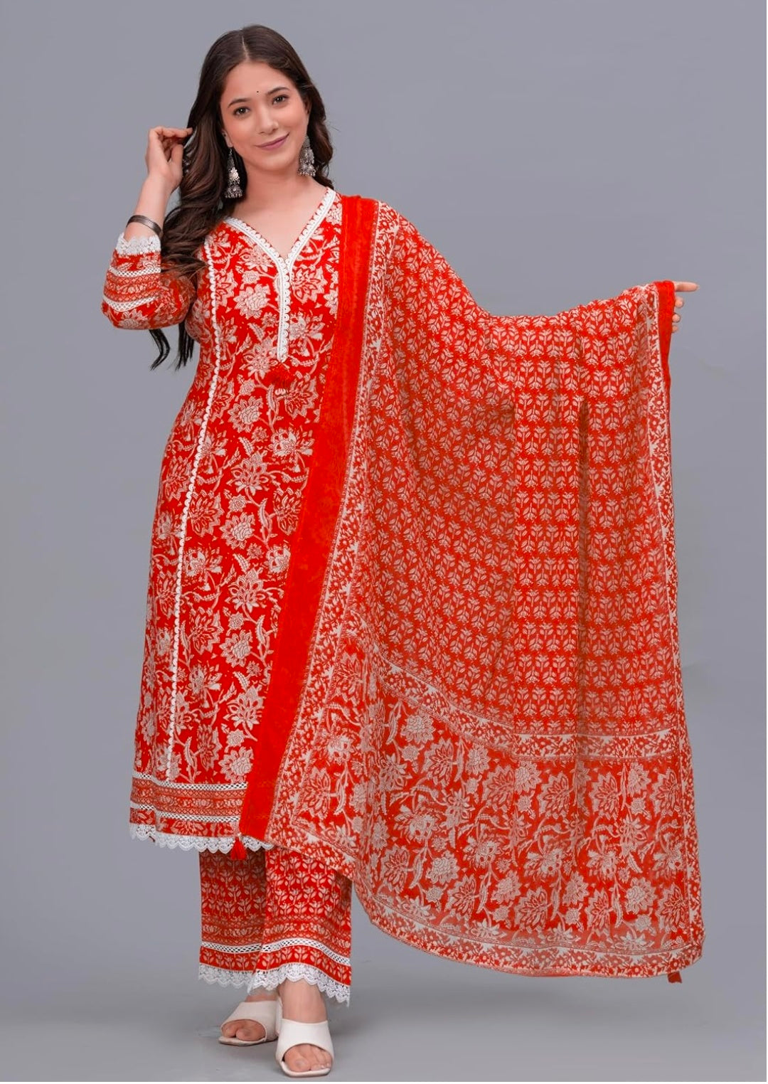 Amayra Women's Pure Cotton Printed Straight Kurta Set with Palazzo Pants & Dupatta- Ethnic Wear