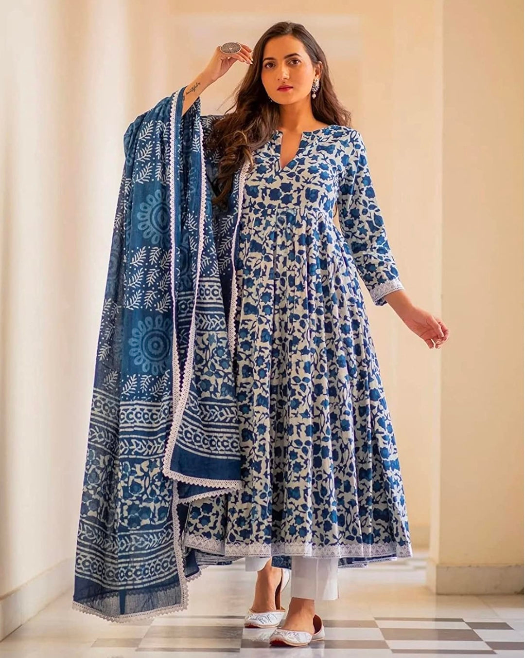 Pure Cotton Printed Anarkali Kurta with Palazzo & Dupatta Set