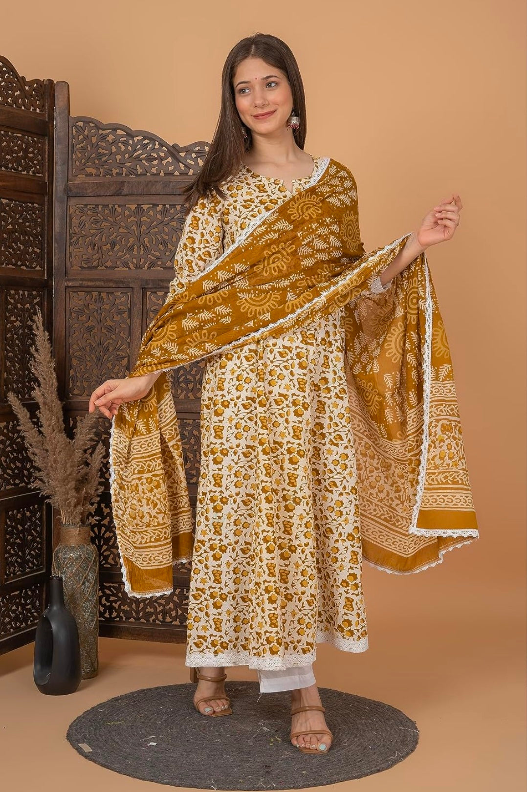 Pure Cotton Printed Anarkali Kurta with Palazzo & Dupatta Set