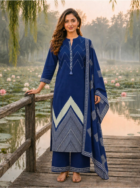 Berrylicious Women Pure Cotton  Printed & Hand Embroidered Kurta with palazzo & Dupatta