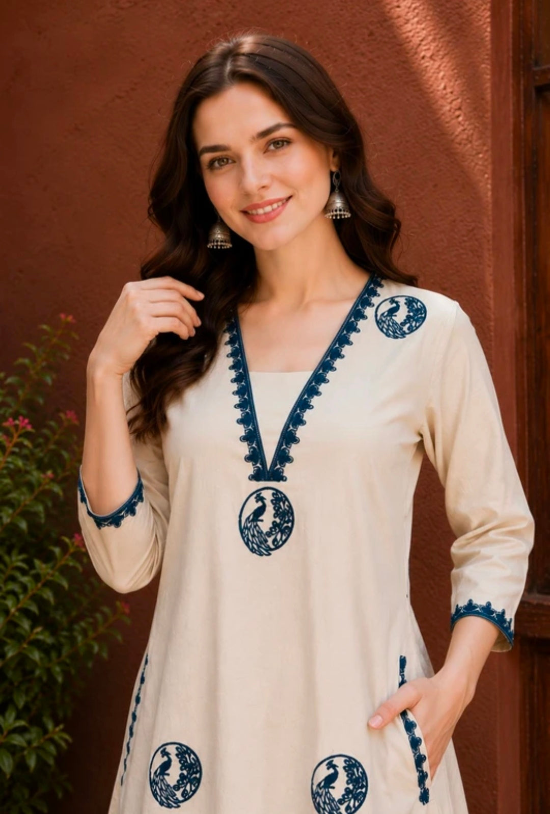 Women's Pure Cotton A-Line Kurta Palazzo Pant Set | Embroidered Ethnic Motifs Style