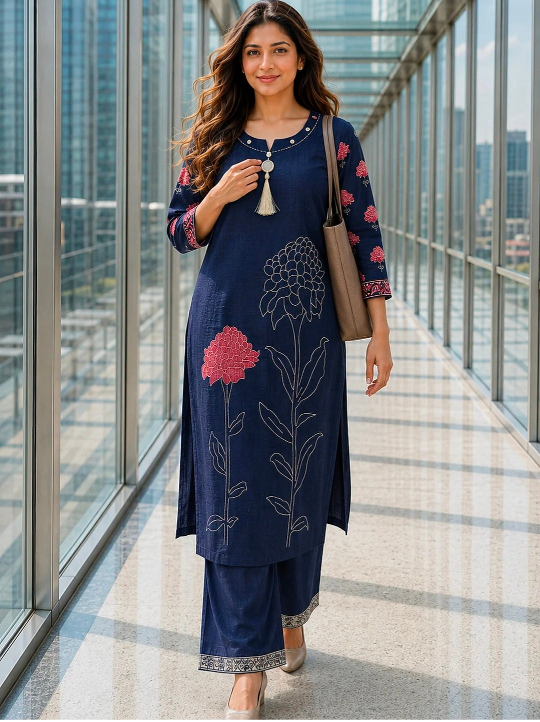 Berrylicious Women Chanderi Printed & Mirror Embellished Kurta with palazzo