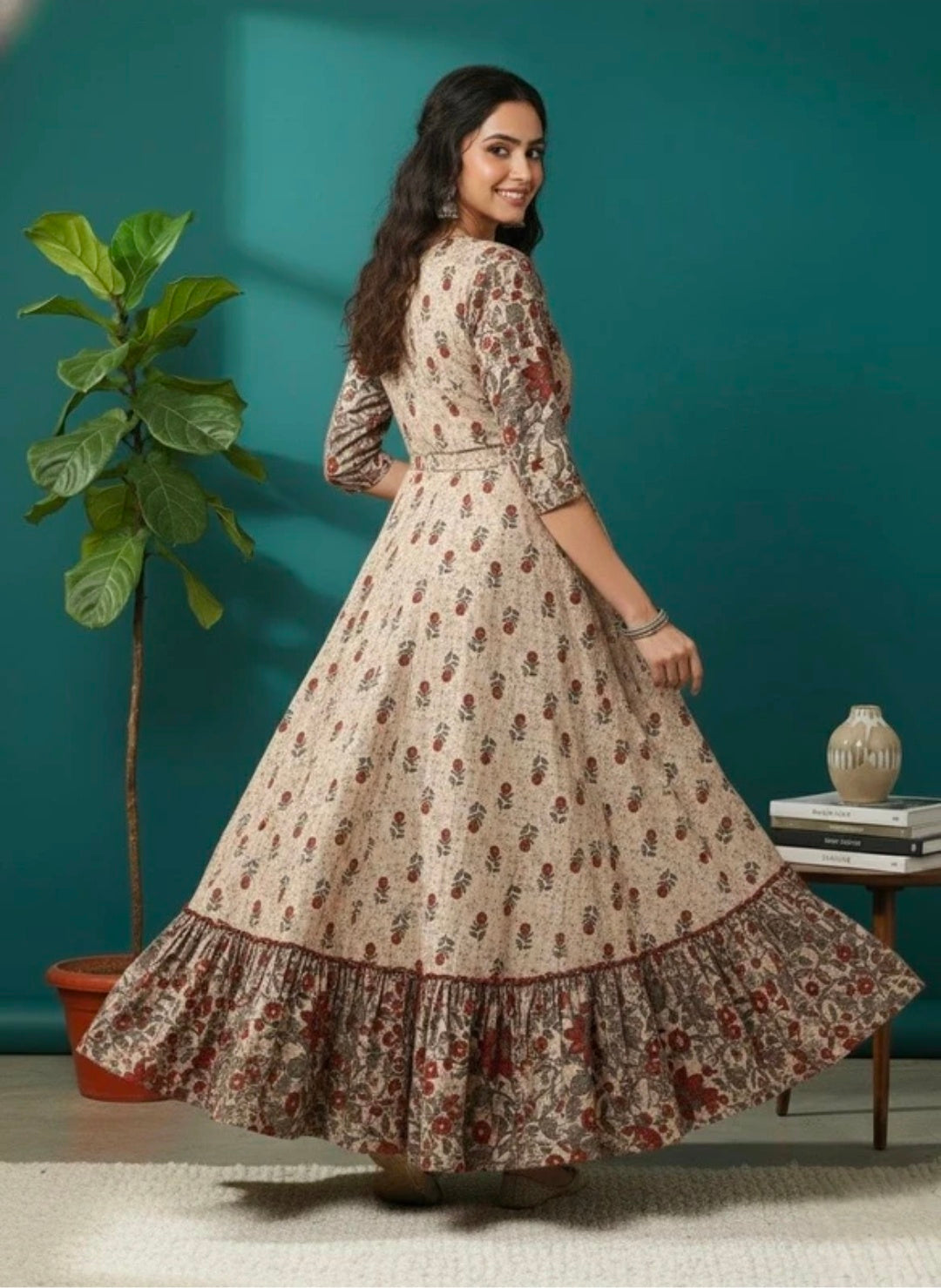 Sa Rasa Women's Brown Pure Cotton Printed Anarkali Kurta