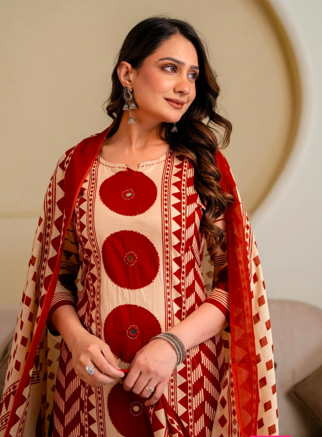 Berrylicious Women Cotton Geometric Printed Straight Kurta Set with Mirror Embroidery & Dupatta