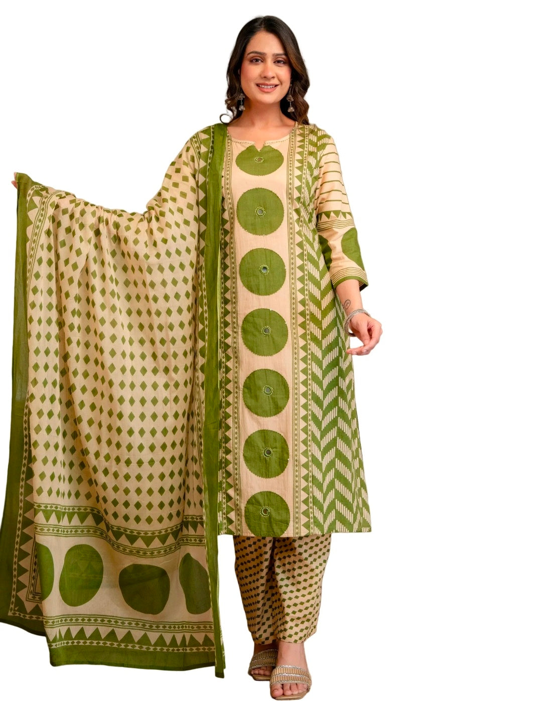 Berrylicious Women Cotton Geometric Printed Straight Kurta Set with Mirror Embroidery & Dupatta