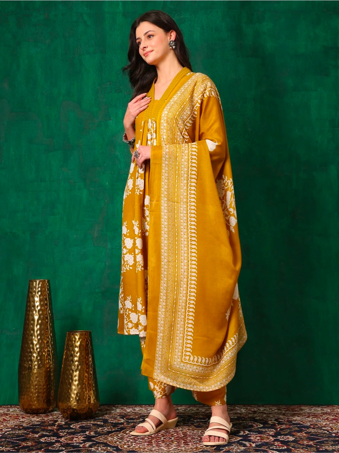 Embroidered & Printed Flared kurta with pant & Dupatta