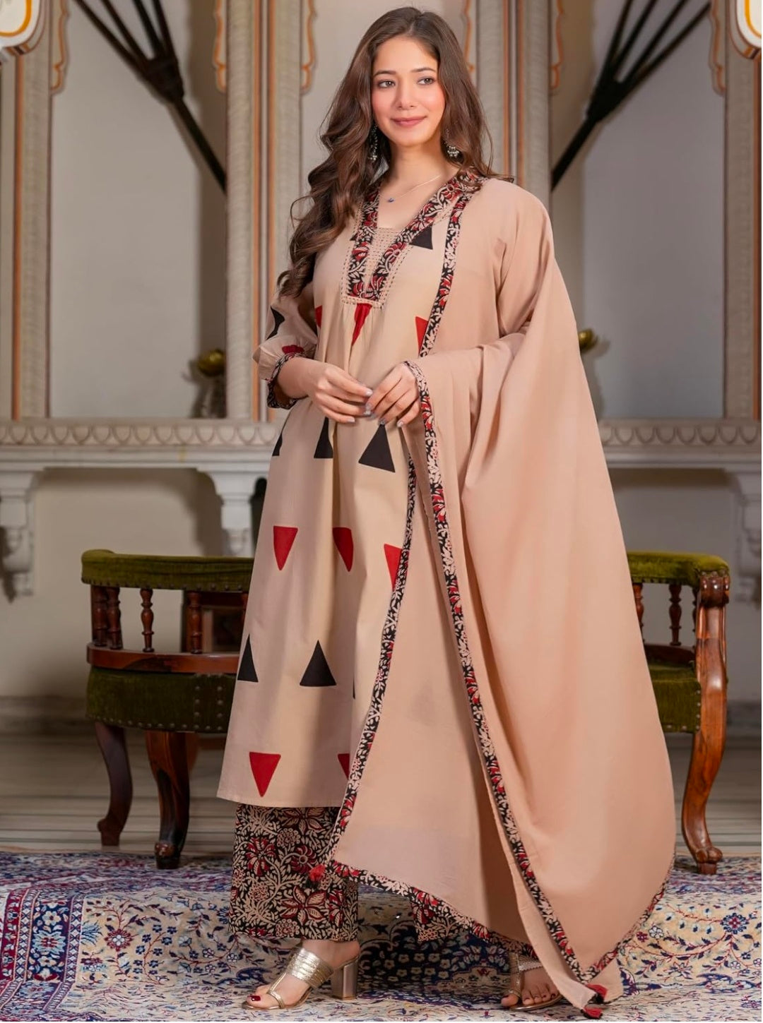 Amayra Woman's Pure Cotton A-Line Kurta Sets with Palazzos & Dupatta|Kurti Set for Woman|Suit Set for Women Cotton