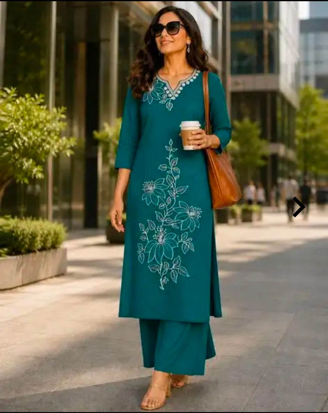 `Women's Cotton Straight Kurta Palazzo Set | Notch-Neckline Statement Embroidered