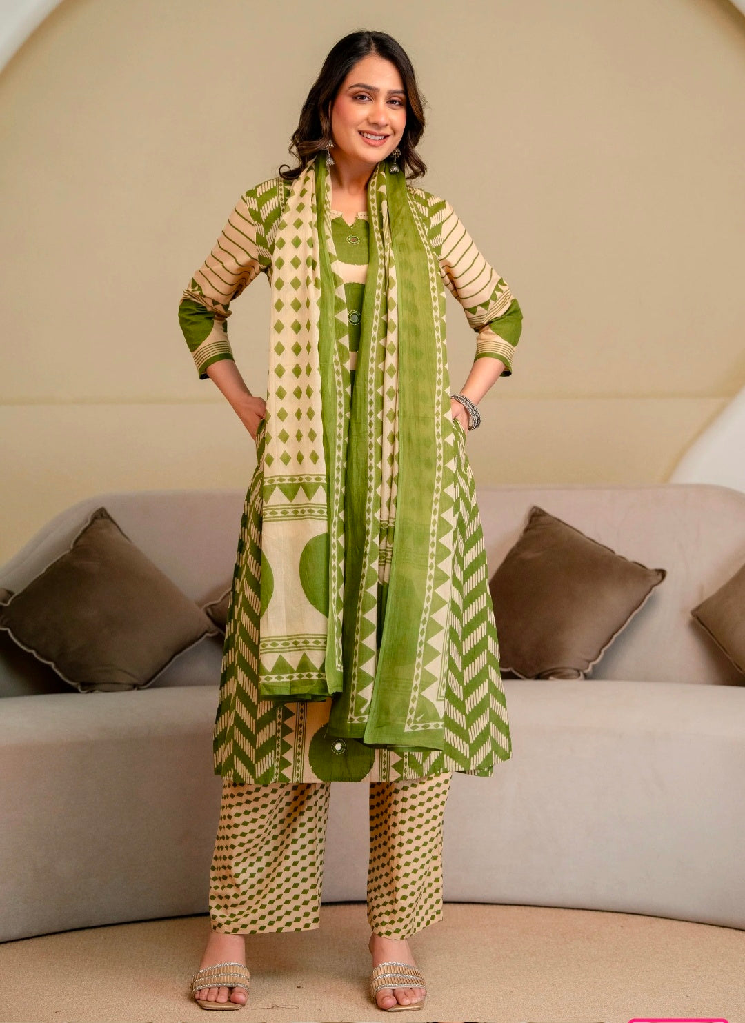 Berrylicious Women Cotton Geometric Printed Straight Kurta Set with Mirror Embroidery & Dupatta