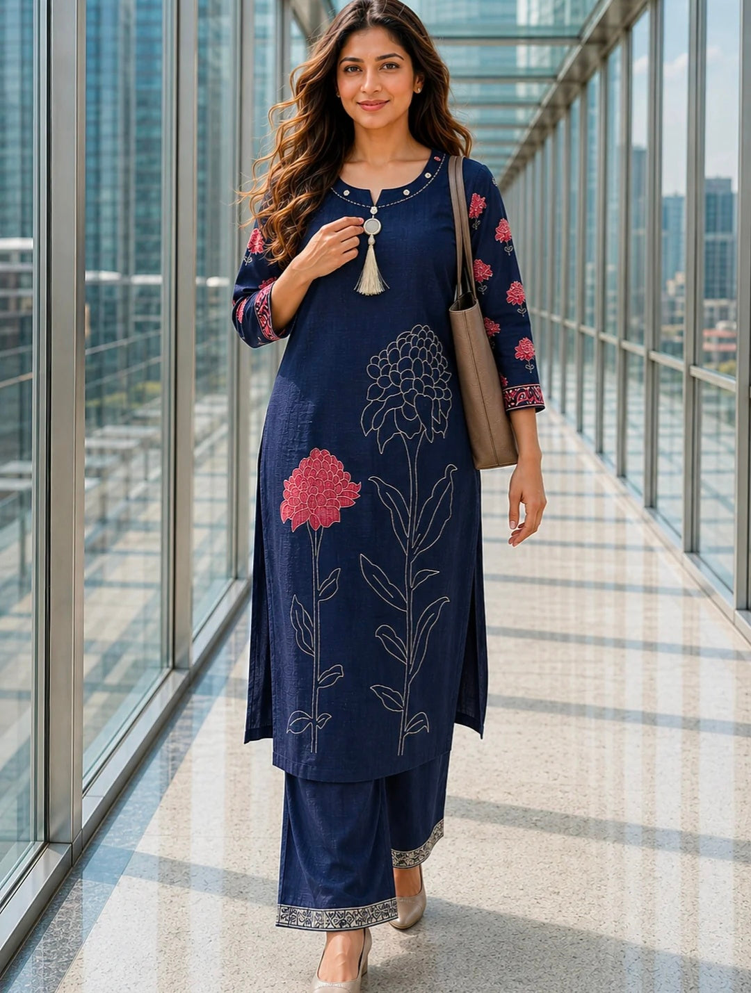 Berrylicious Women Chanderi Printed & Mirror Embellished Kurta with palazzo