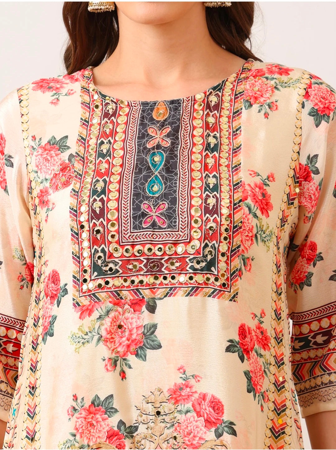 Embroidered & Printed Asymmetric Kurta with Palazzo & Printed Dupatta