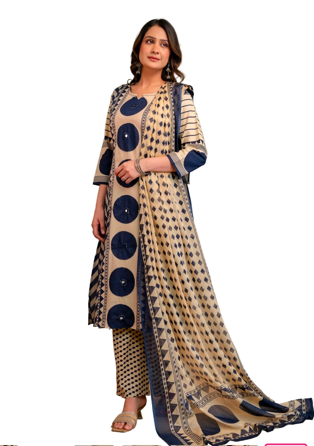 Berrylicious Women Cotton Geometric Printed Straight Kurta Set with Mirror Embroidery & Dupatta