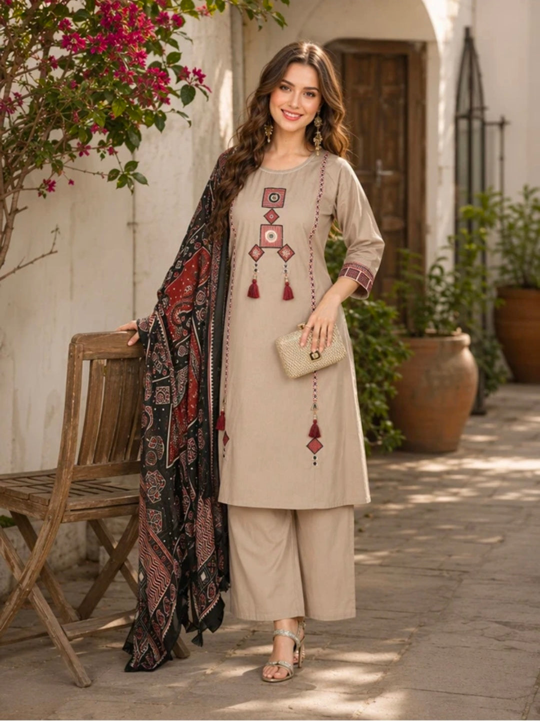 Women's Pure Cotton Straight Kurta Pant Dupatta Set