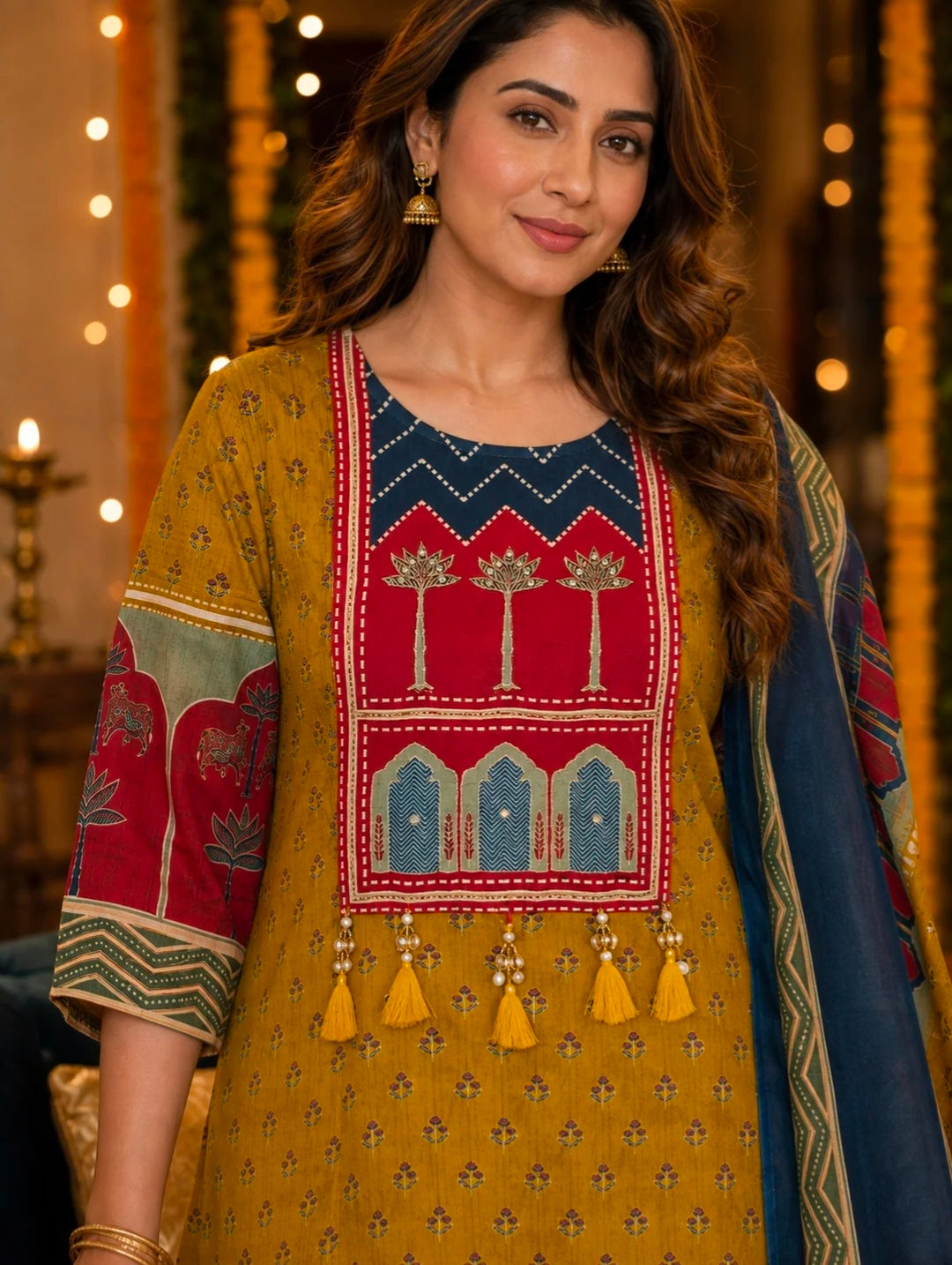 Berrylicious Women Cotton Printed & Bead Embroidered Kurta With Pant & Dupatta