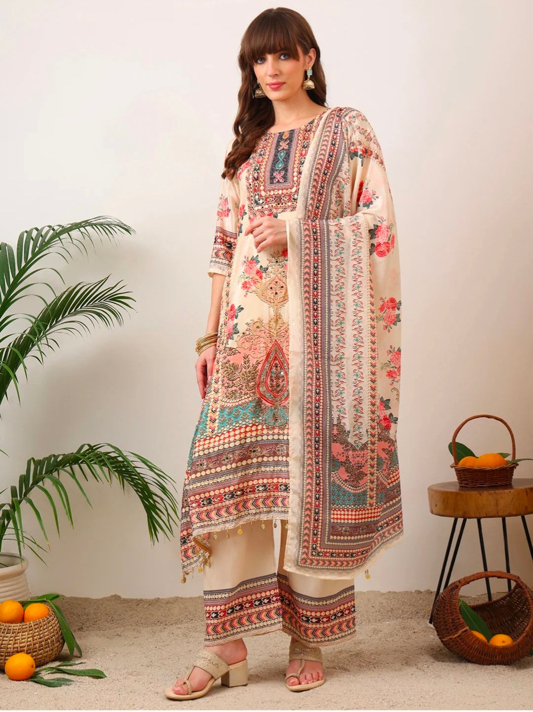 Embroidered & Printed Asymmetric Kurta with Palazzo & Printed Dupatta