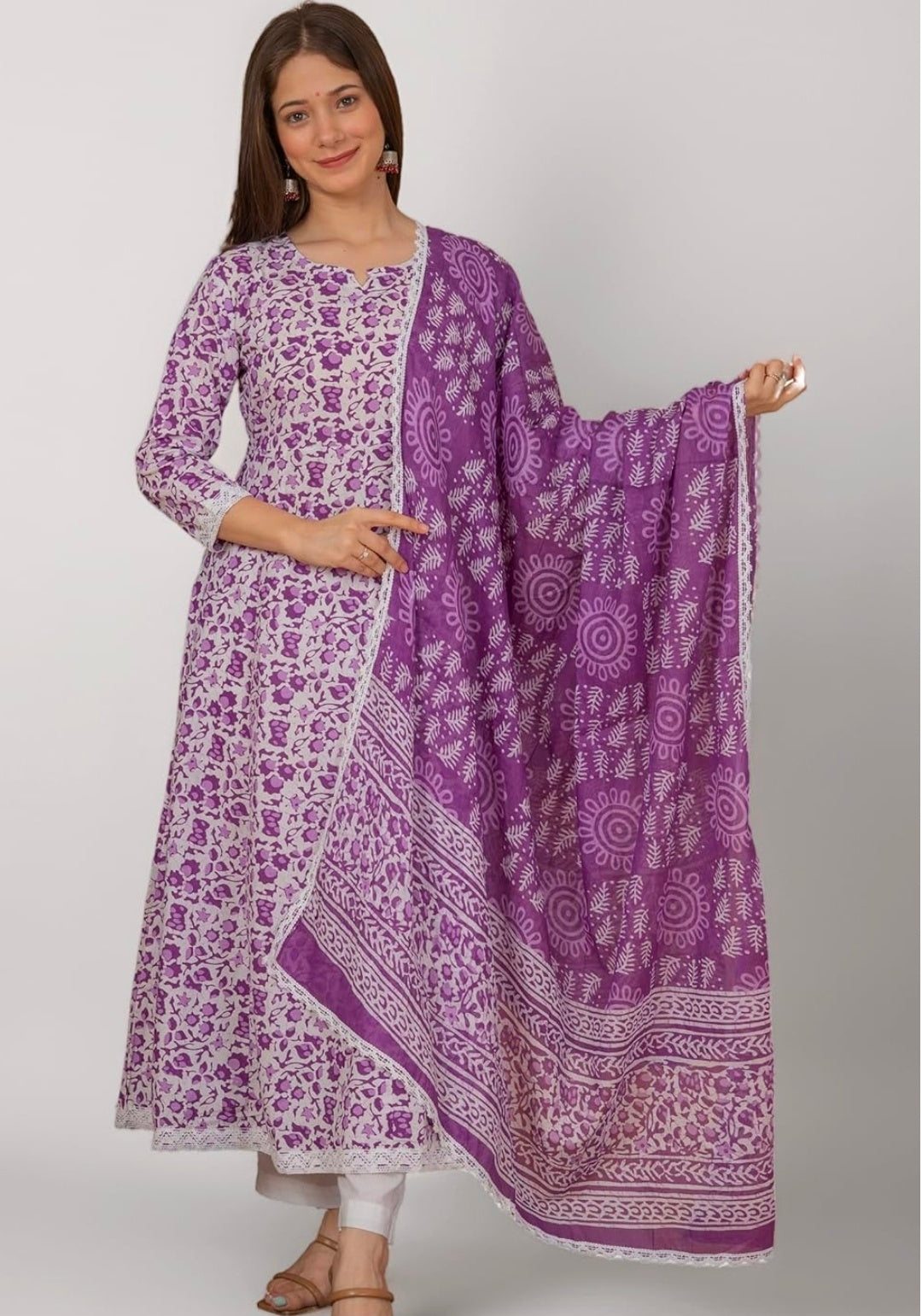 Pure Cotton Printed Anarkali Kurta with Palazzo & Dupatta Set