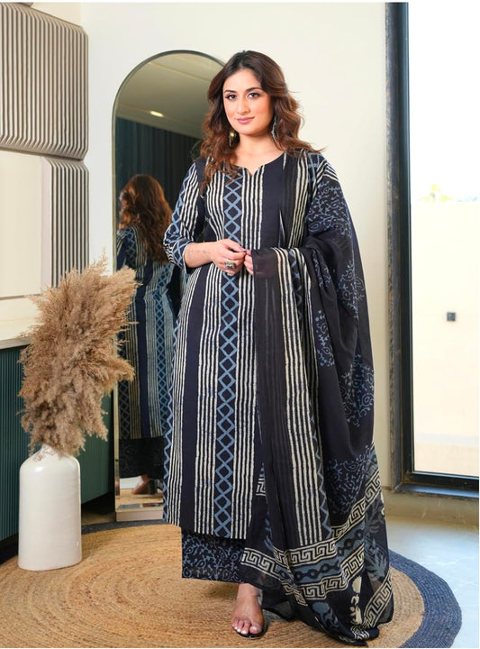 Arayna Women's Pure Cotton Hand Block Printed Style Ethnic Kurta Set with Dupatta | Black & Indigo