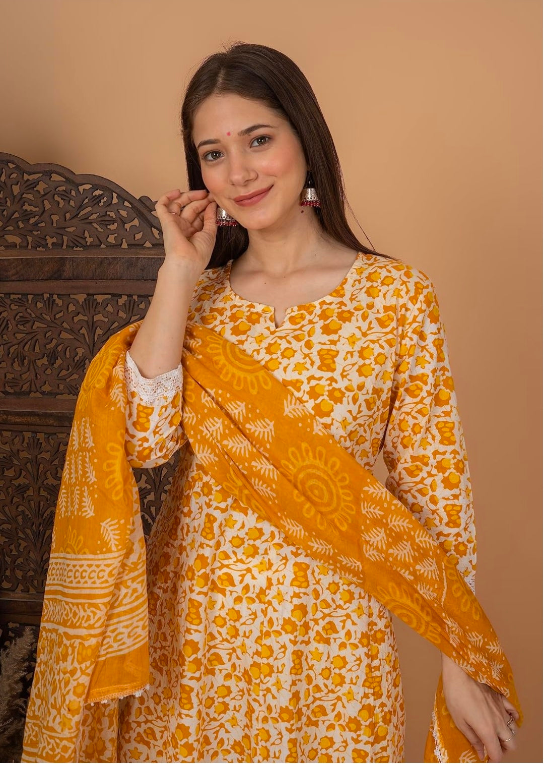 Pure Cotton Printed Anarkali Kurta with Palazzo & Dupatta Set