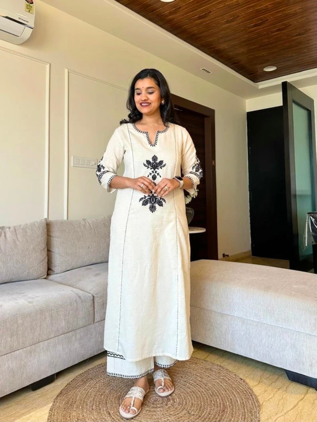 Women's White Khadi Cotton A-Line Kurti Palazzo set