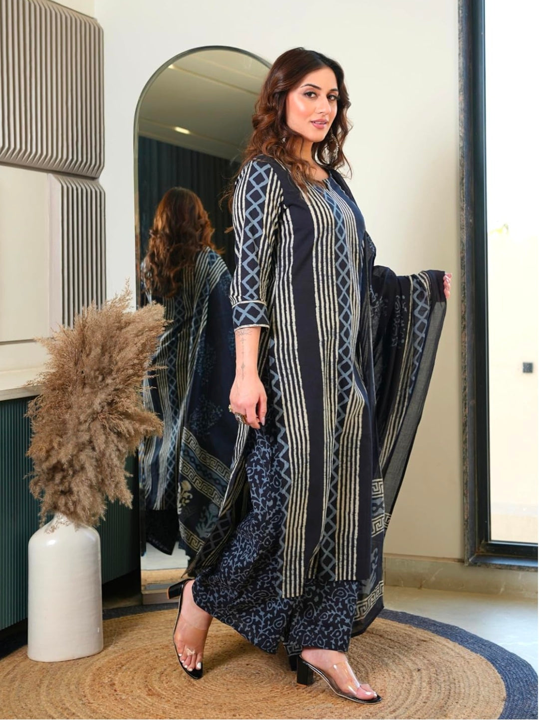 Arayna Women's Pure Cotton Hand Block Printed Style Ethnic Kurta Set with Dupatta | Black & Indigo