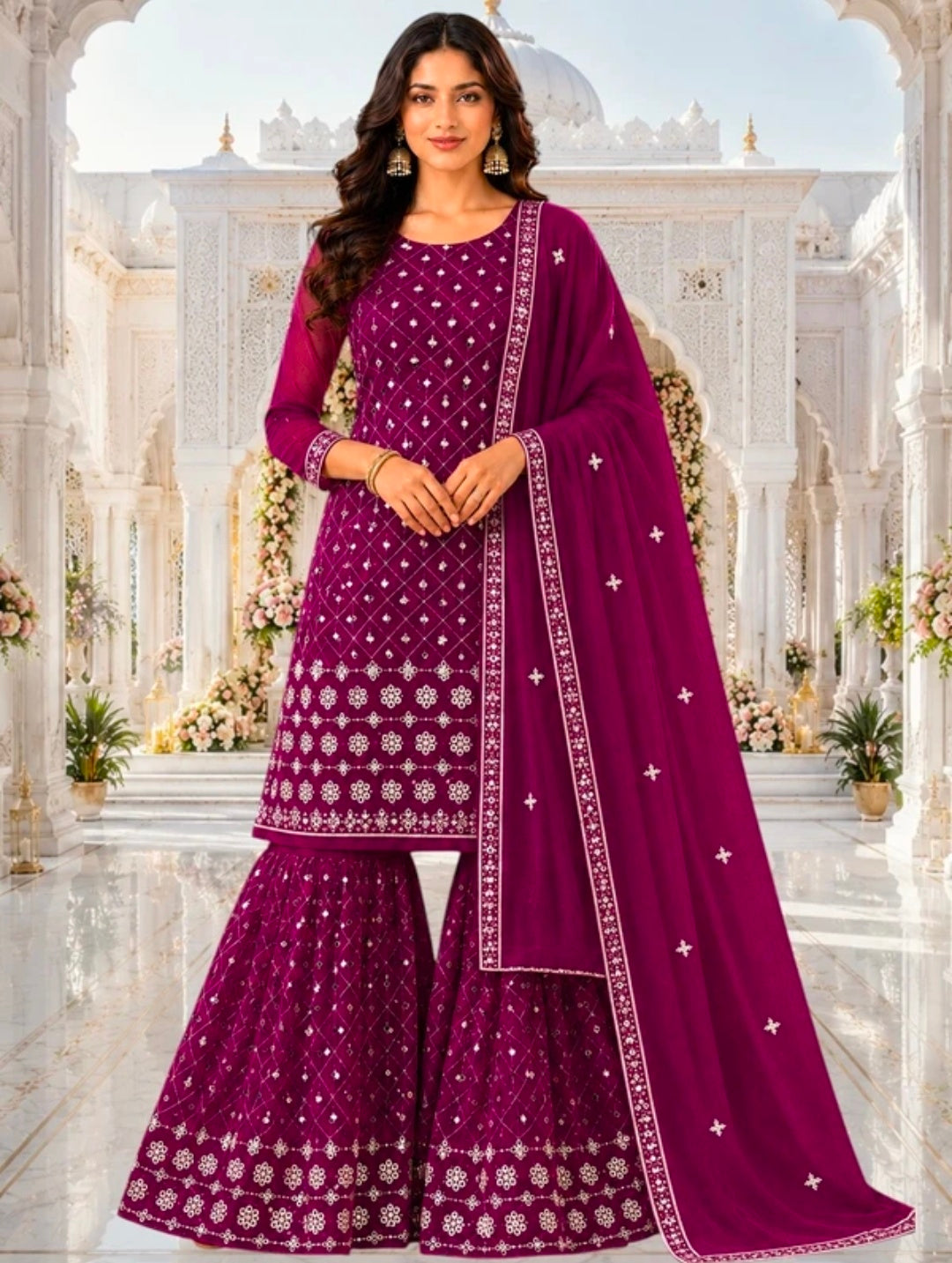 Women's Georgette A-line Kurta Sharara & Dupatta Set | Embroidered Sequenced Mirror Work