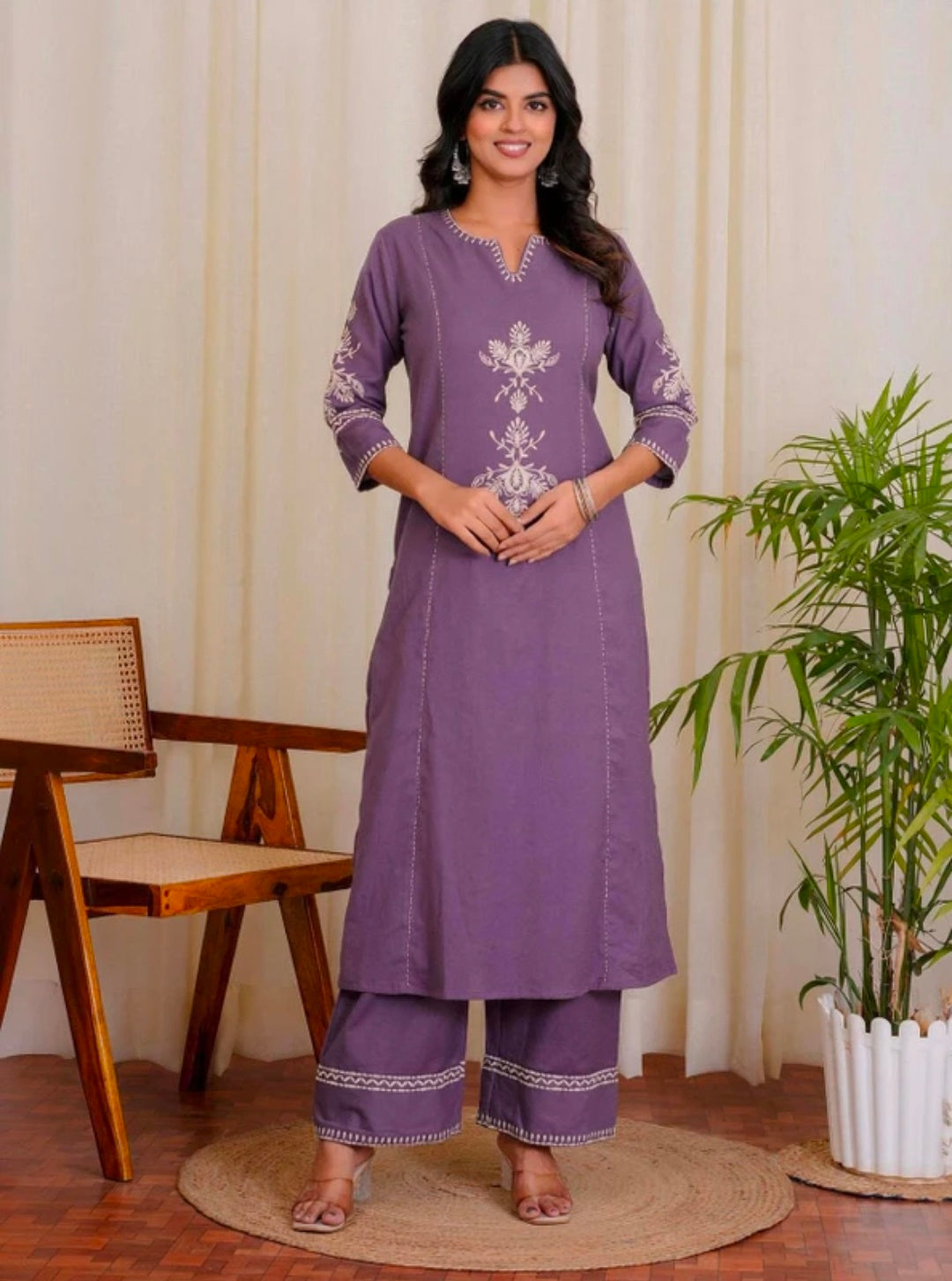 Women's White Khadi Cotton A-Line Kurti Palazzo set