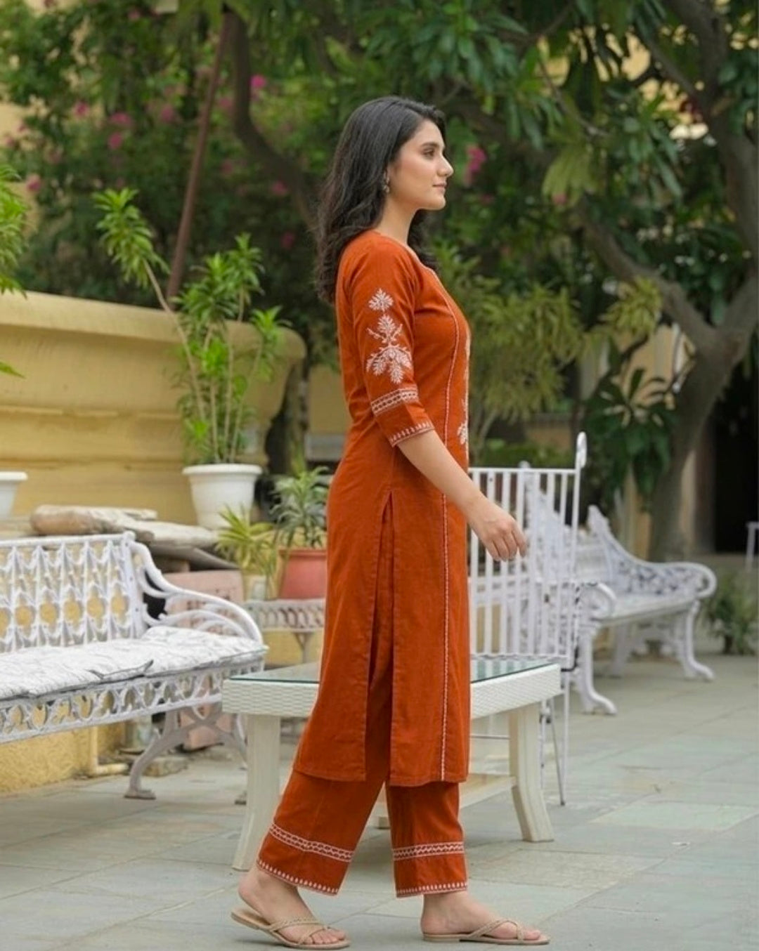 Women's White Khadi Cotton A-Line Kurti Palazzo set