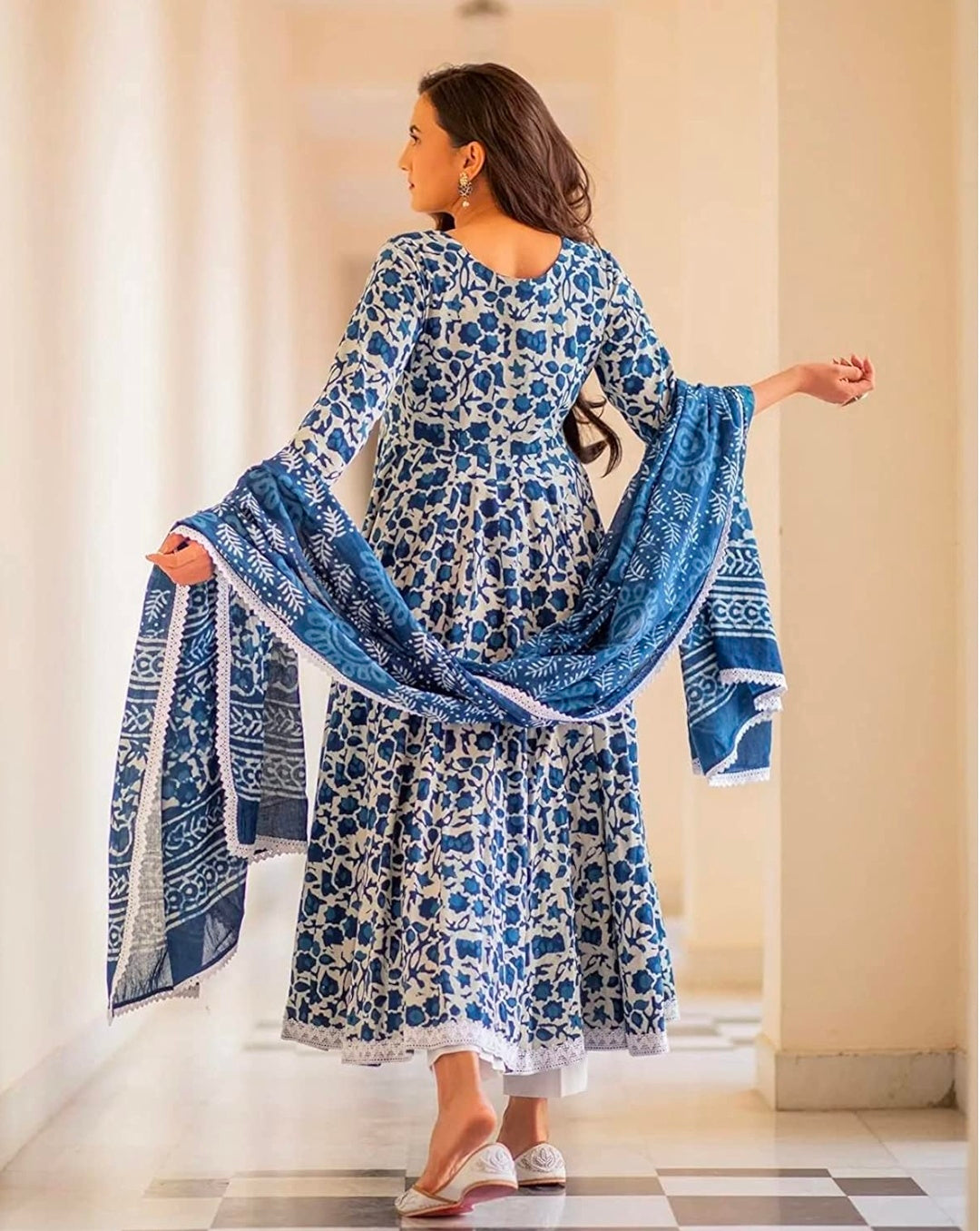Pure Cotton Printed Anarkali Kurta with Palazzo & Dupatta Set
