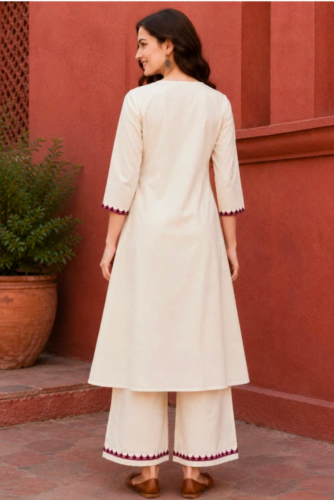 Women's Pure Cotton A-Line Kurta Palazzo Pant Set | Embroidered Ethnic Motifs Style