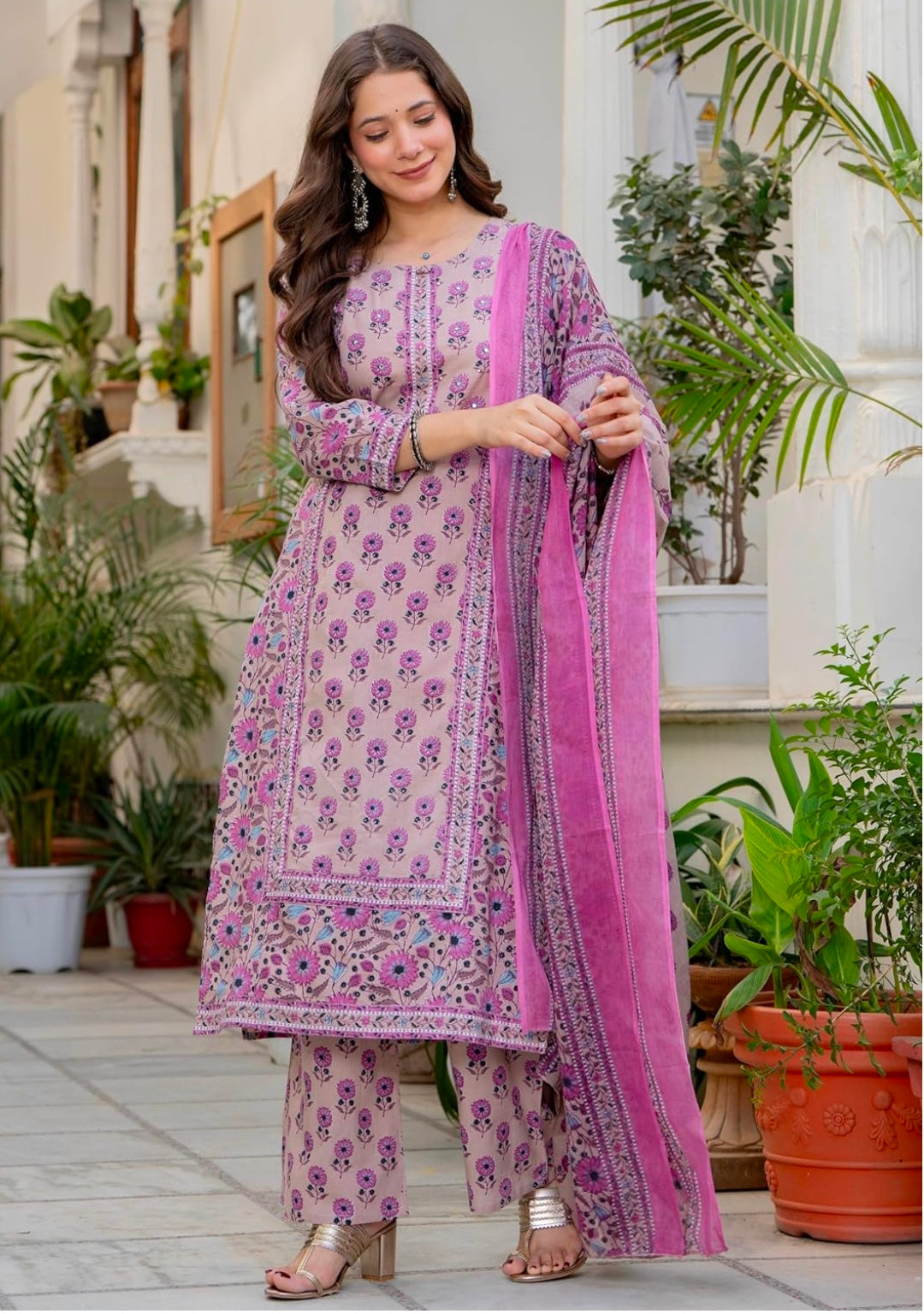 Amayra Women's Pure Cotton Straight Kurta Set with Palazzo Pants & Dupatta|Kurta Set for Women