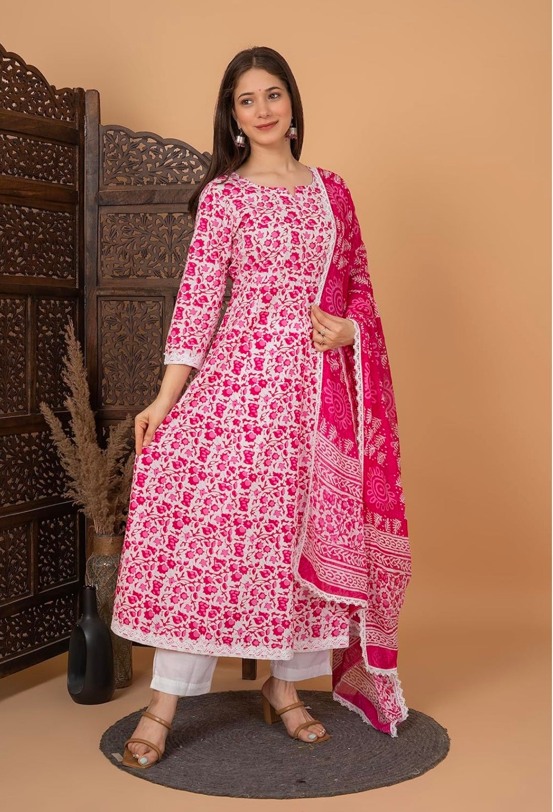 Pure Cotton Printed Anarkali Kurta with Palazzo & Dupatta Set
