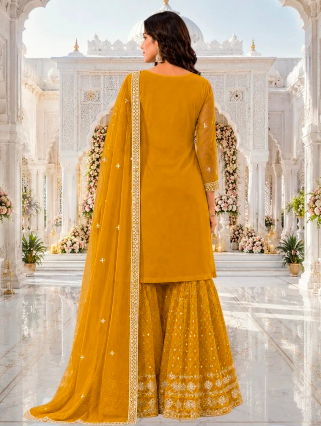 Women's Georgette A-line Kurta Sharara & Dupatta Set | Embroidered Sequenced Mirror Work