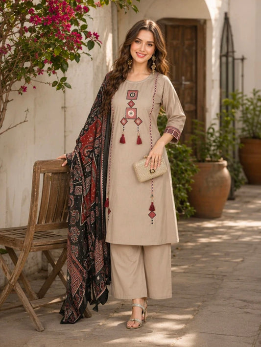 Women's Pure Cotton Straight Kurta Pant Dupatta Set