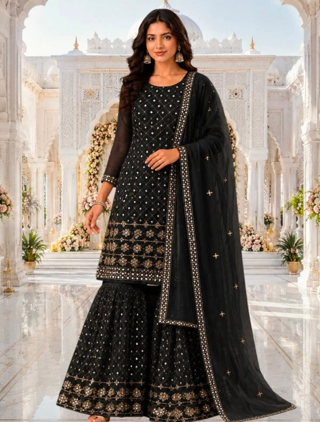 Women's Georgette A-line Kurta Sharara & Dupatta Set | Embroidered Sequenced Mirror Work