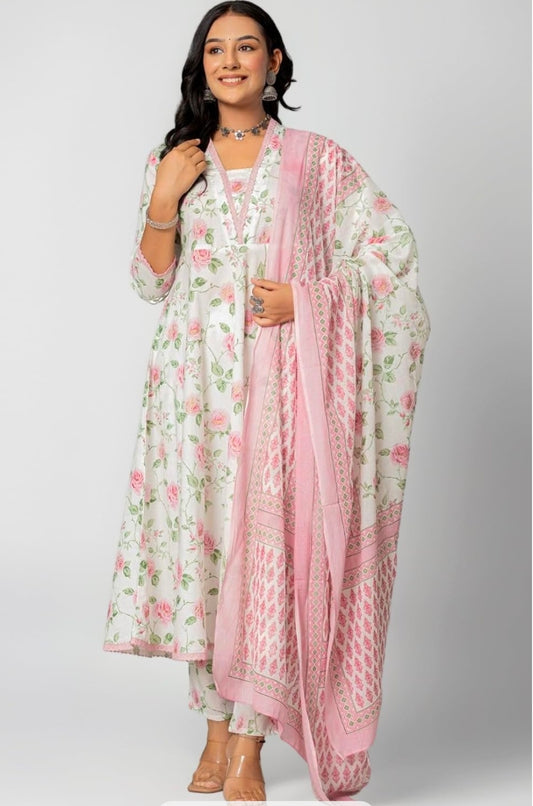 Amayra Women's Cotton Printed Anarkali Kurta with Palazzo Pants and Dupatta